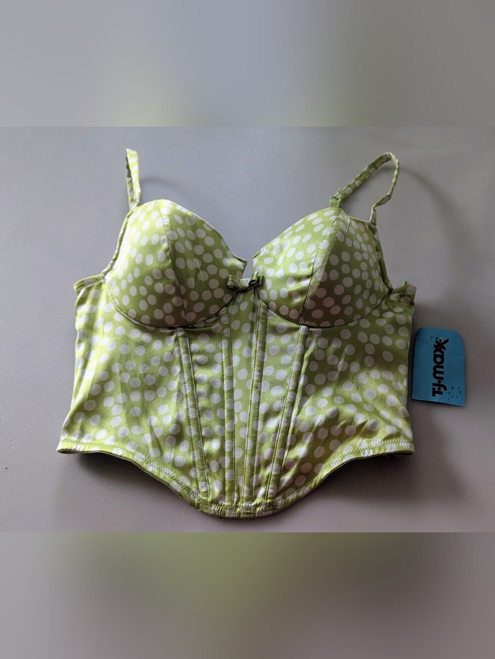 NWT, Lejaby Women's Silk Green Polka Dot French Corset Top. Size SP